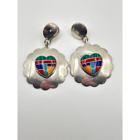 Native American Zuni Inlay Heart Dangle Earrings In Sterling Silver 925 - Picture 1 of 6